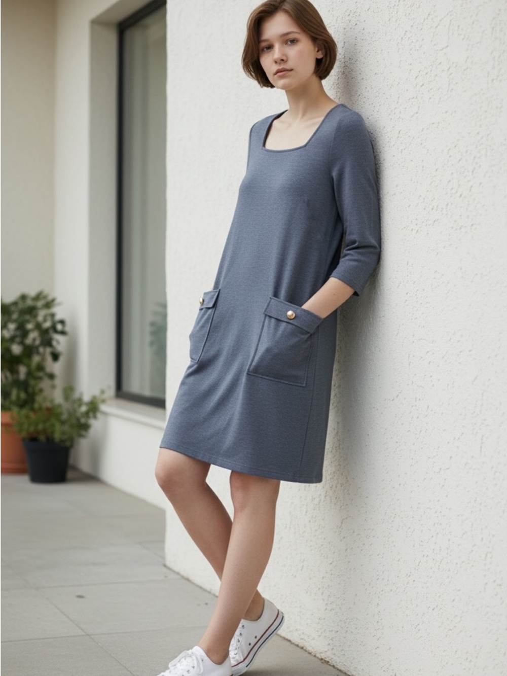 R&K Slate Blue Midi Dress with Patch Pockets